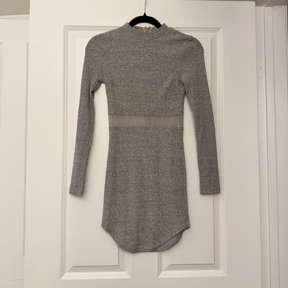 LF Gray Long Sleeve Dress with Mesh Detail